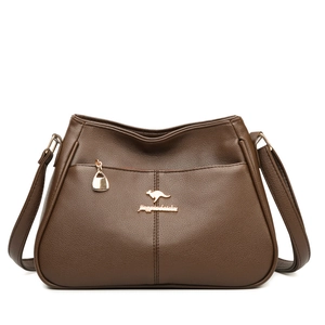 Dark brown pebble leather tote bag for women featuring a gold kangaroo logo and top handles