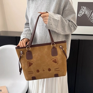 Brown tote bag with cute cat embroidery and 3D ears, stylish retro shoulder bag style