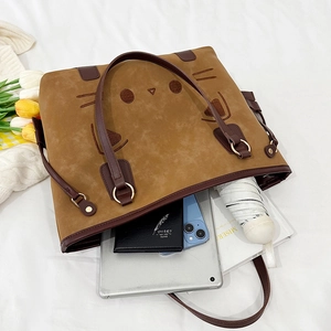 Brown cat cartoon suede tote bag for women, large capacity stylish vintage shoulder bag