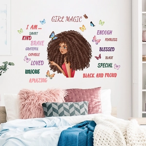 Inspirational black girl magic wall sticker set with colorful butterflies for kids bedroom