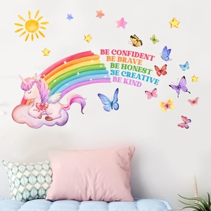 Unicorn Rainbow Wall Stickers PVC Motivational Quotes Butterflies Decals For Kids Bedroom Nursery Decor Cartoon