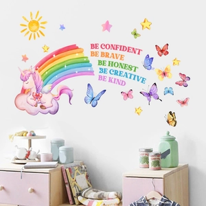 Rainbow unicorn wall stickers with motivational quotes and stars for kids' room decoration