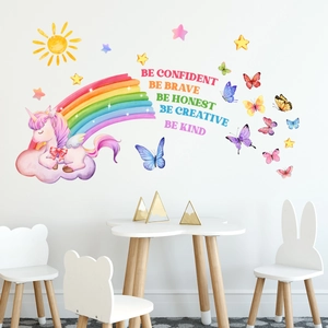 Rainbow unicorn wall decal with motivational quotes and colorful stars for kids room decoration