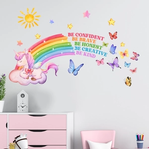 Detail of unicorn and rainbow wall stickers with inspirational quotes for kids room decor