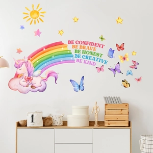 Rainbow unicorn wall stickers with inspirational phrases for kids bedroom decoration