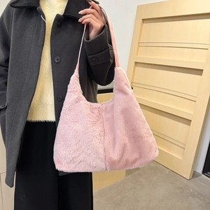 Pink faux fur hobo shoulder bag for women with soft plush texture and large capacity