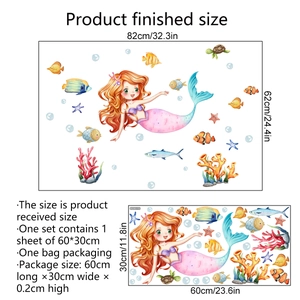 Mermaid and coral watercolor wall decal set with bubble stickers for kids room decor