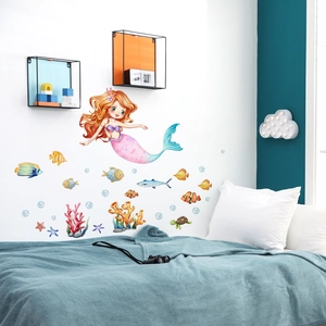 Cartoon mermaid coral bubble wall stickers for kids room bathroom decoration