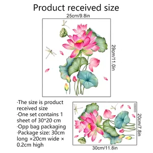 Dragonfly and lotus wall sticker size chart showing product dimensions and assembly layout