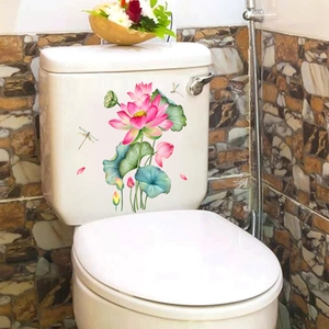 Self-adhesive lotus and dragonfly wall sticker set on a white bathroom toilet tank