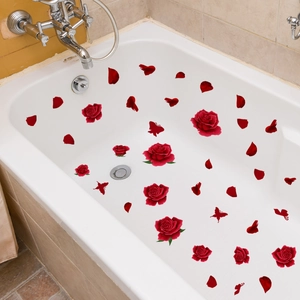 Romantic deep red rose and falling petal waterproof stickers for bathtub decoration
