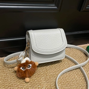 Fashion Women Litchi Texture Small Square Bag Minimalist PU Leather Flip Crossbody Shoulder Bag With Monster Plush Pendant