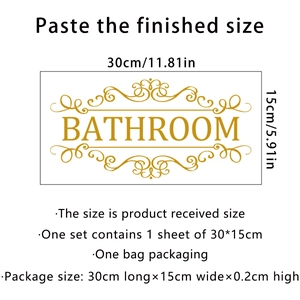 Vue détaillée du sticker mural doré Bathroom avec dimensions et détails d'emballage