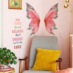 Pink butterfly wings and inspirational quote wall decals for bedroom corner decoration
