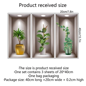 Set de 3 pegatinas de pared 3D con plantas verdes en macetas y diseño minimalista de nichos
