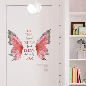 Pink fairy wings wall sticker with inspirational quote for home bedroom decoration