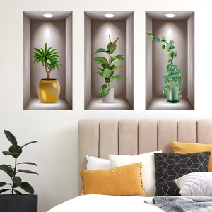 Pegatinas de pared 3D modernas de plantas verdes en macetas para decorar el dormitorio