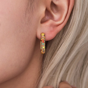 Luxury 20mm gold stainless steel square hoops with rainbow pave cubic zirconia stones