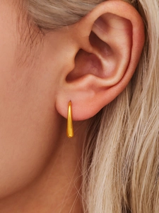 Macro close-up of teardrop earring in 18K gold plated stainless steel on ear