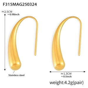 Macro view of teardrop hook earrings in polished PVD 18K gold plated stainless steel