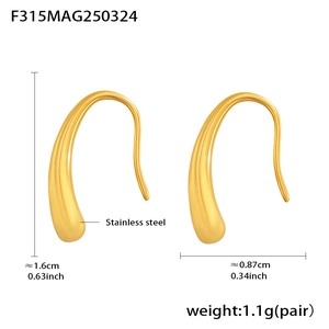 Detailed size specifications of gold teardrop hook earrings in polished stainless steel