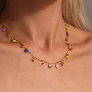 Stainless Steel Colorful Heart Pendant Jewelry Set Drip Oil Enamel Necklace Bracelet For Women Sweet Daily Accessories