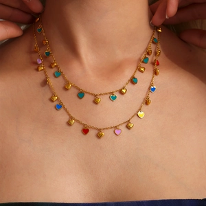 Double-layered gold stainless steel necklaces with colorful enamel heart pendants