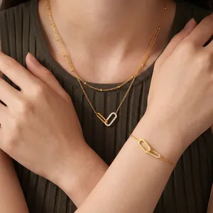 Stainless Steel Jewelry Set For Women Elegant Double Layer Necklace And Bracelet With Interlocking Rings Zircon Pendant Accessories