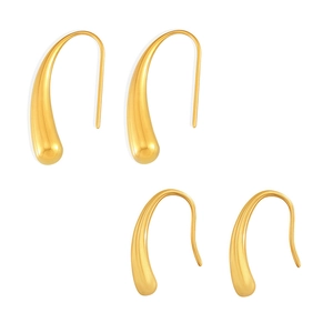 Polished 18K gold plated stainless steel teardrop hook earrings on white background