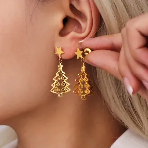 Boucles D'Oreilles Sapin De Noël Creux Acier Inoxydable Étoile Clou Bijou Créatif Cadeau De Fête Femmes
