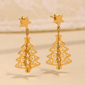 Boucles d'oreilles sapin de Noël dorées avec clou étoile et motif ajouré en acier inox