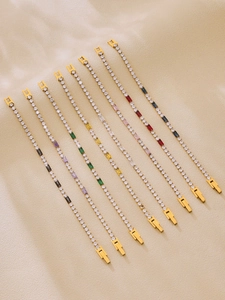 Detail of eight multi-colored zircon tennis bracelets with gold-plated stainless steel