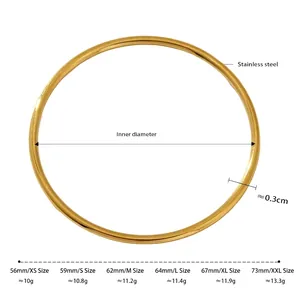Detailed size chart for minimalist 18K gold plated stainless steel bangles with dimensions