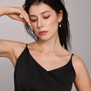 Elegant 18K gold-plated double-layer pearl necklace and matching hoop earrings set