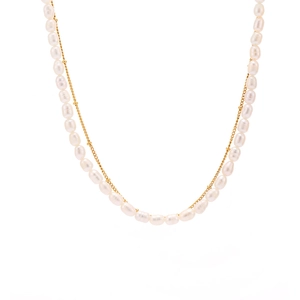 Double-layered gold titanium steel necklace with elegant white freshwater pearls on white background