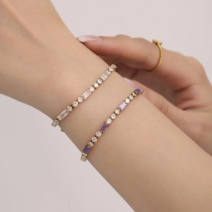 Luxe gold-plated stainless steel tennis bracelets with square purple and clear zircons