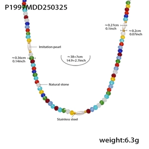Detailed view of bohemian colorful natural stone bead necklace with imitation pearls