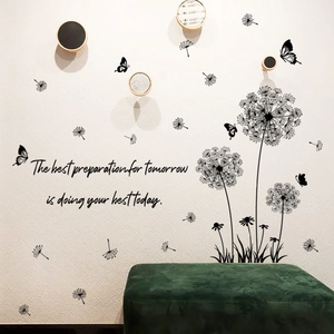 Detail of dandelion and butterfly wall decal with motivational English quote on white wall
