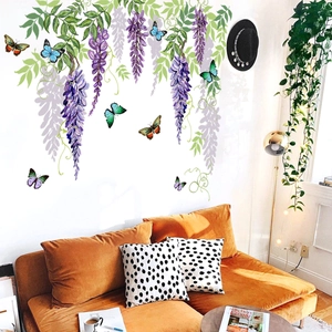 Creative purple wisteria floral wall stickers with colorful butterflies for living room decoration