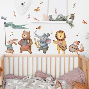 Cartoon Animal Forest Band Wall Stickers For Kids Nursery Watercolor PVC Musical Notes Lion Elephant Bear Rabbit Decal