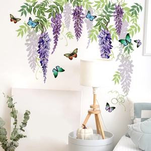 Purple wisteria floral wall stickers with butterflies for creative bedroom decor