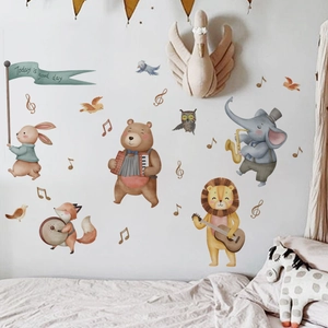 Watercolor animal orchestra wall stickers featuring lions and elephants for kids room decor