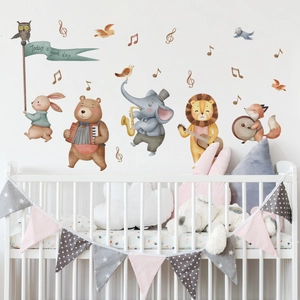 Cartoon animal band wall stickers with lion elephant and rabbit for nursery wall decor