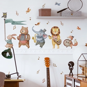Cartoon animal music wall stickers for kids room featuring lion rabbit and elephant decals