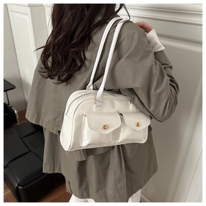 Weiße PU-Leder Boston Tasche mit Doppeltaschen und Goldbeschlägen an der Schulter
