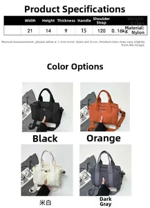 Size chart showing nylon crossbody bag dimensions and colors: 21x14x9cm lightweight mini bag