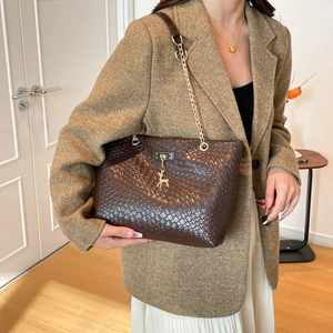 Large capacity dark brown woven texture tote bag with gold charm and chain strap