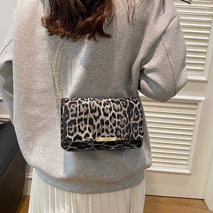Minimalist leopard print crossbody bag with gold chain strap shown on a model