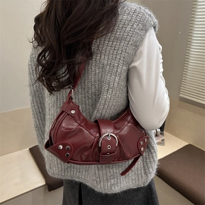 Dark red crescent shoulder bag with silver buckle and Y2K rivets for women