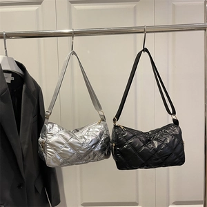 Quilted down nylon shoulder bags in silver and black colors with diamond stitching